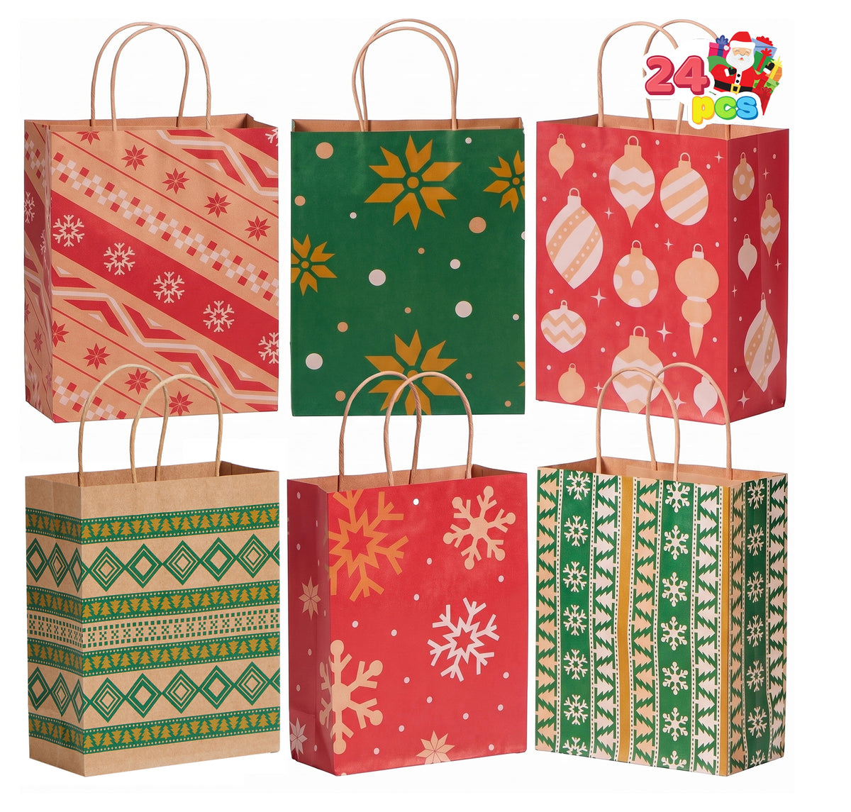 Joyfy 24 Pcs Christmas Kraft Gift Bags With Handle for Holiday Paper Gift Bags, Christmas Goody Bags, Xmas Gift Bags, School Classrooms Party Favors Supplies