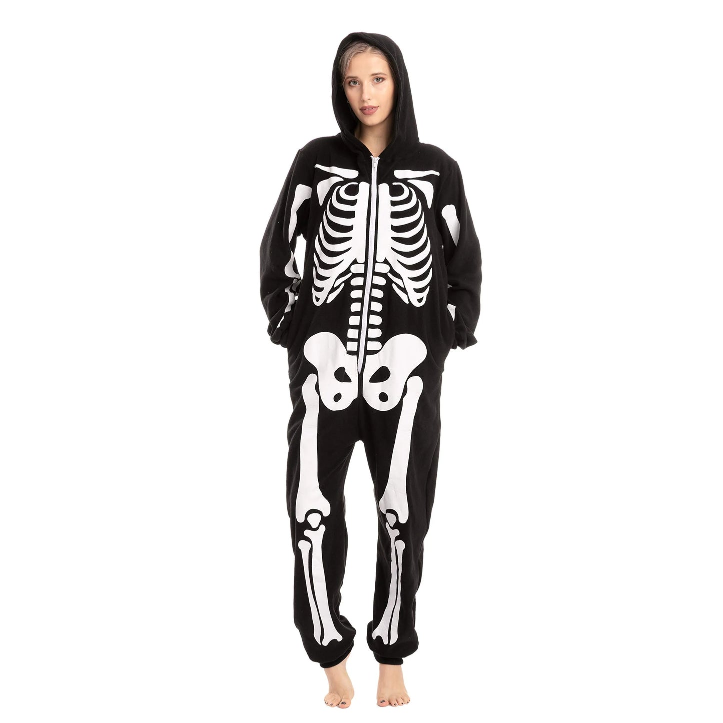 Syncfun Unisex Adult Skeleton Jumpsuit Pajama Zippered Halloween Hoody Sleepwear Costume(Large) Black