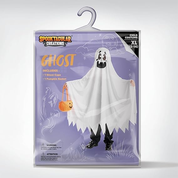 SYNCFUN White Ghost Costumes for Kids, Smile Ghost Costume with Pumpkin Basket for Halloween Spooky Trick-or-Treating Role Playing Cosplay 3-7 Years