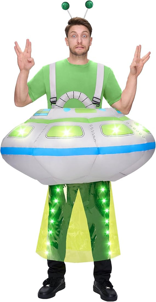 Adults Inflatable Costumes, Light-Up Spaceship Halloween Inflatable Costume with Long Tentacles Headband, Blow-up Costumes for Halloween Cosplay Party, Themed Party