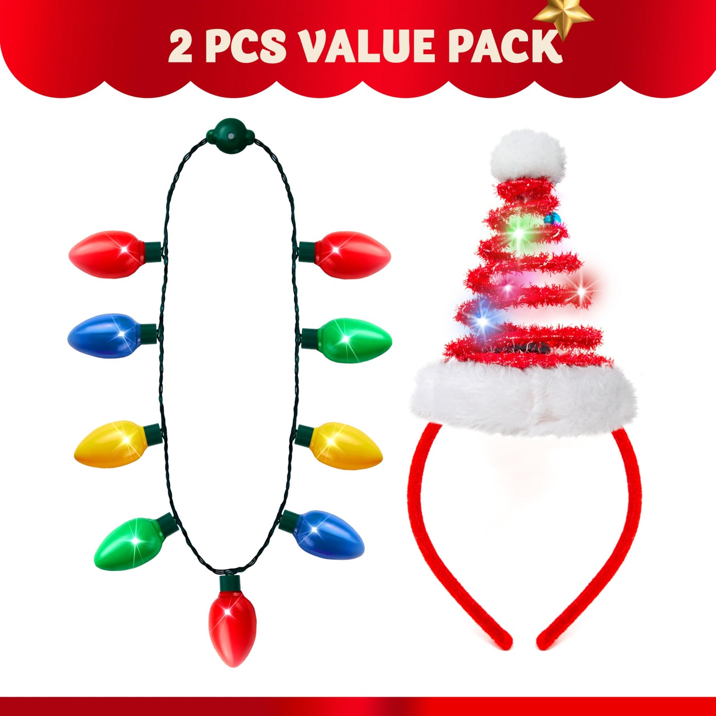 Joyfy 2 Pcs Christmas Lighted Necklace and Santa Hat Headband, Christmas LED Necklace with 9 Bulbs and Xmas Headwear for Christmas and Holiday Parties Xmas Costume Accessories
