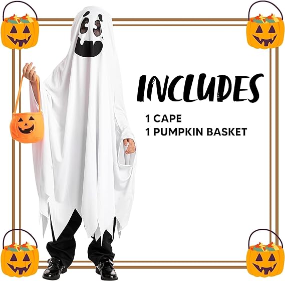 SYNCFUN White Ghost Costumes for Kids, Smile Ghost Costume with Pumpkin Basket for Halloween Spooky Trick-or-Treating Role Playing Cosplay 3-7 Years