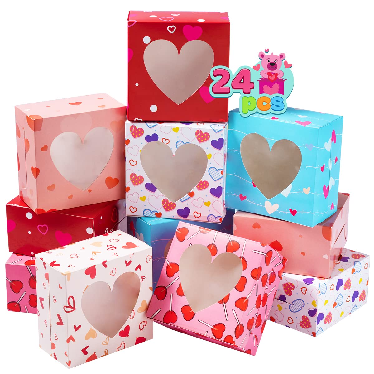 24 Pcs Valentine’s Day Bakery Treat Boxes Valentines Cupcake Boxes Cookie Boxes with Window for Holiday Pastries, Doughnut, Cookie, Cupcakes, Brownies, Truffles Gift Giving