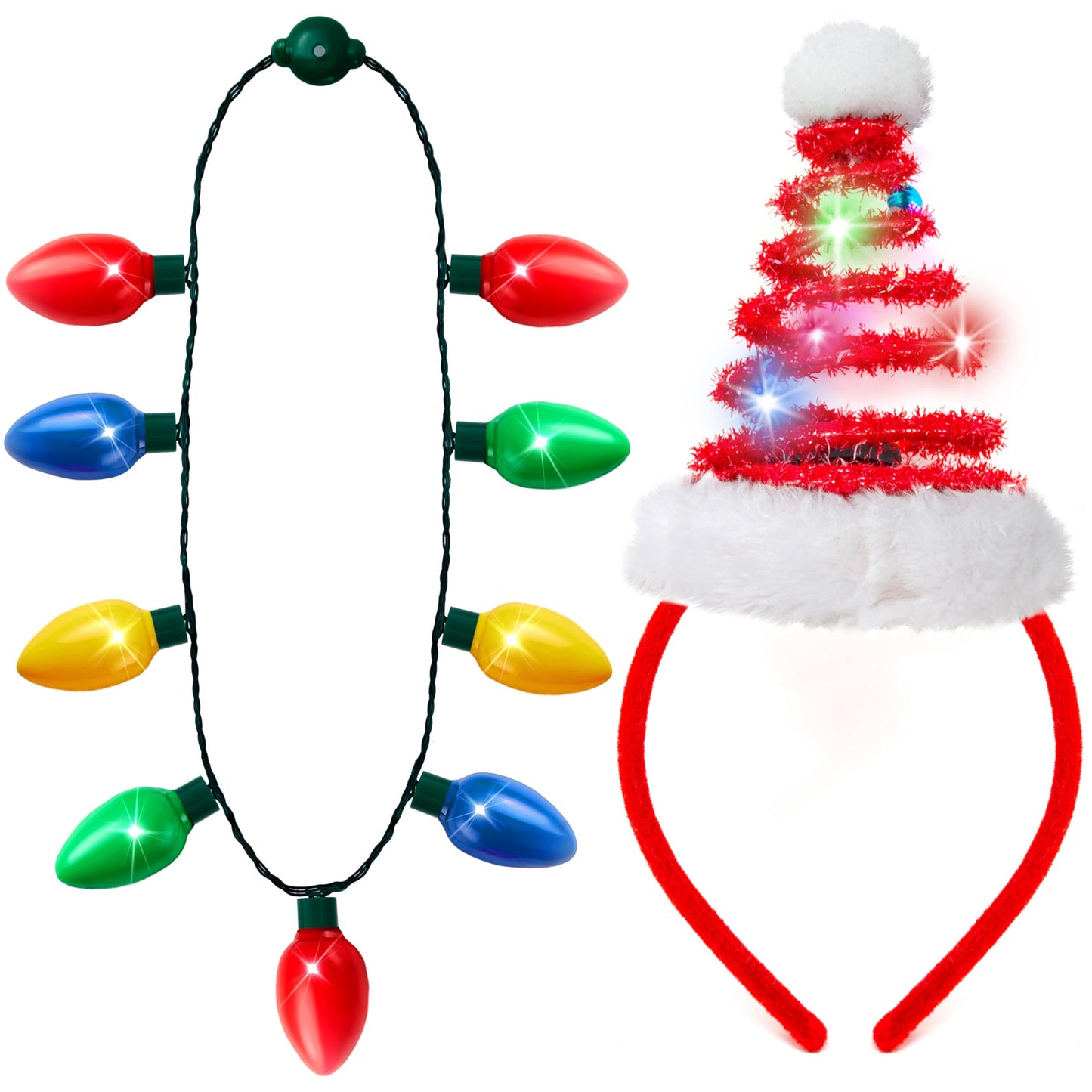 Joyfy 2 Pcs Christmas Lighted Necklace and Santa Hat Headband, Christmas LED Necklace with 9 Bulbs and Xmas Headwear for Christmas and Holiday Parties Xmas Costume Accessories