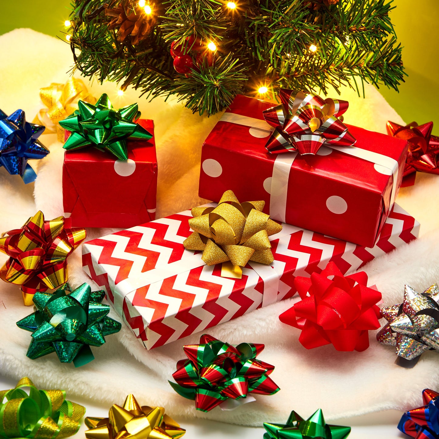 Joyfy 77 Pcs Christmas Gift Bows & Gift Ribbons, 75pcs 3 Inch Christmas Self Adhesive Gift Bows and 2 Rolls of Christmas Curling Ribbons for Baskets, Wine Bottles, Gift Wrapping