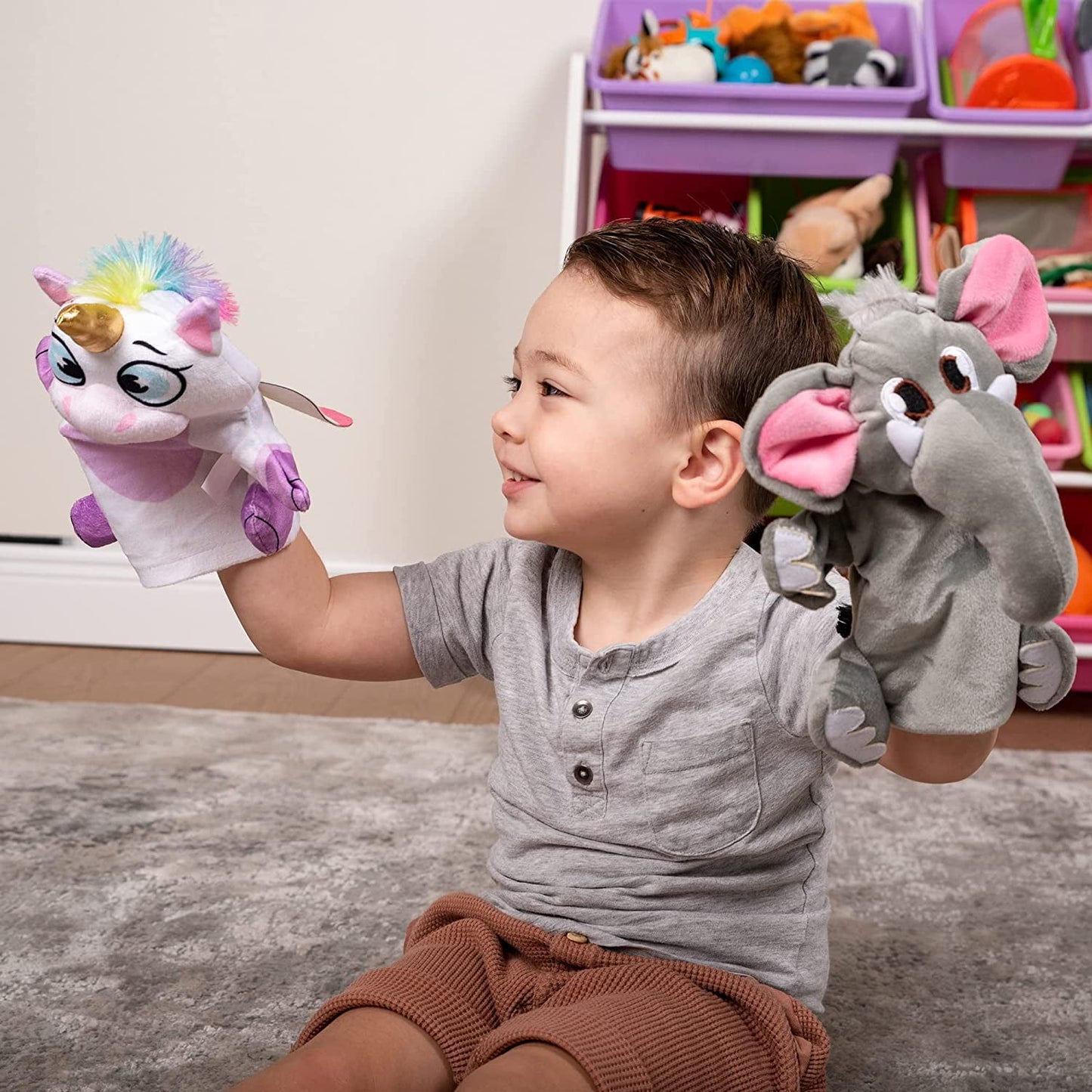 Toy Animal Friends Deluxe Hand Puppets 6 Pack for Imaginative Play, Stocking, Birthday Party Favor Supplies, Girls, Boys, Kids and Toddler