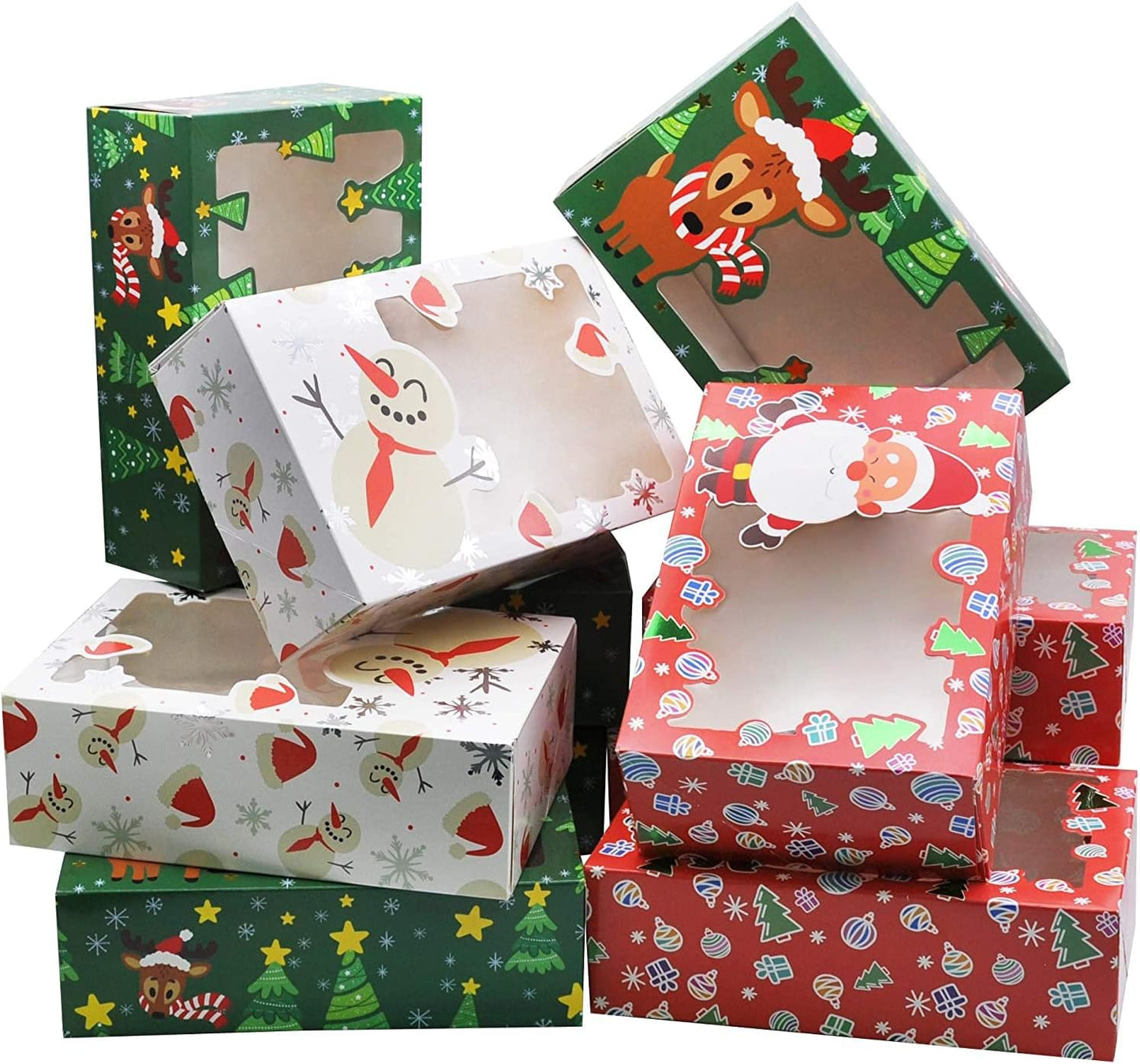 Joyfy 24 Pcs Christmas Foil Treats Cookie Gift Box 8.75" x 5.75" x 2.75" Colorful Pattern with Window for Pastries, Cupcakes, Cookies, Brownies, Donuts Gift Giving