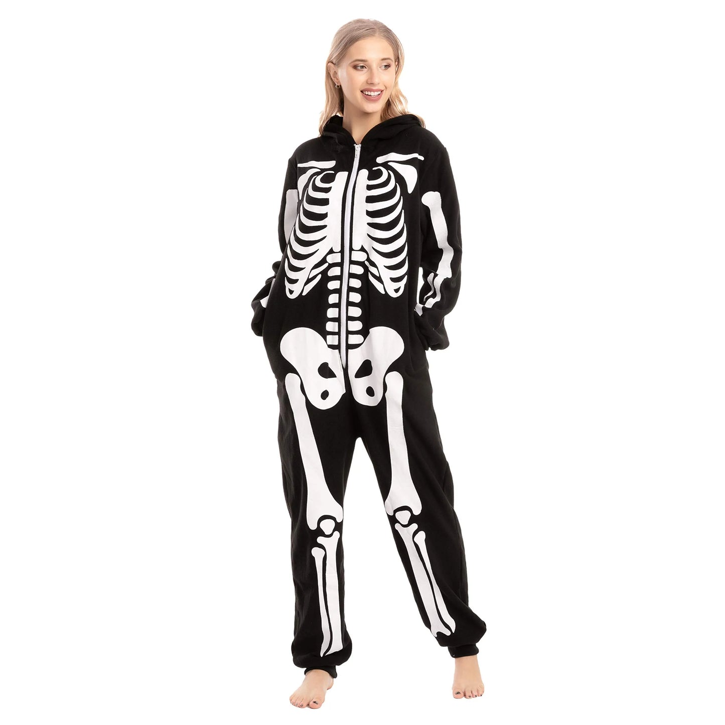 Syncfun Unisex Adult Skeleton Jumpsuit Pajama Zippered Halloween Hoody Sleepwear Costume(Large) Black