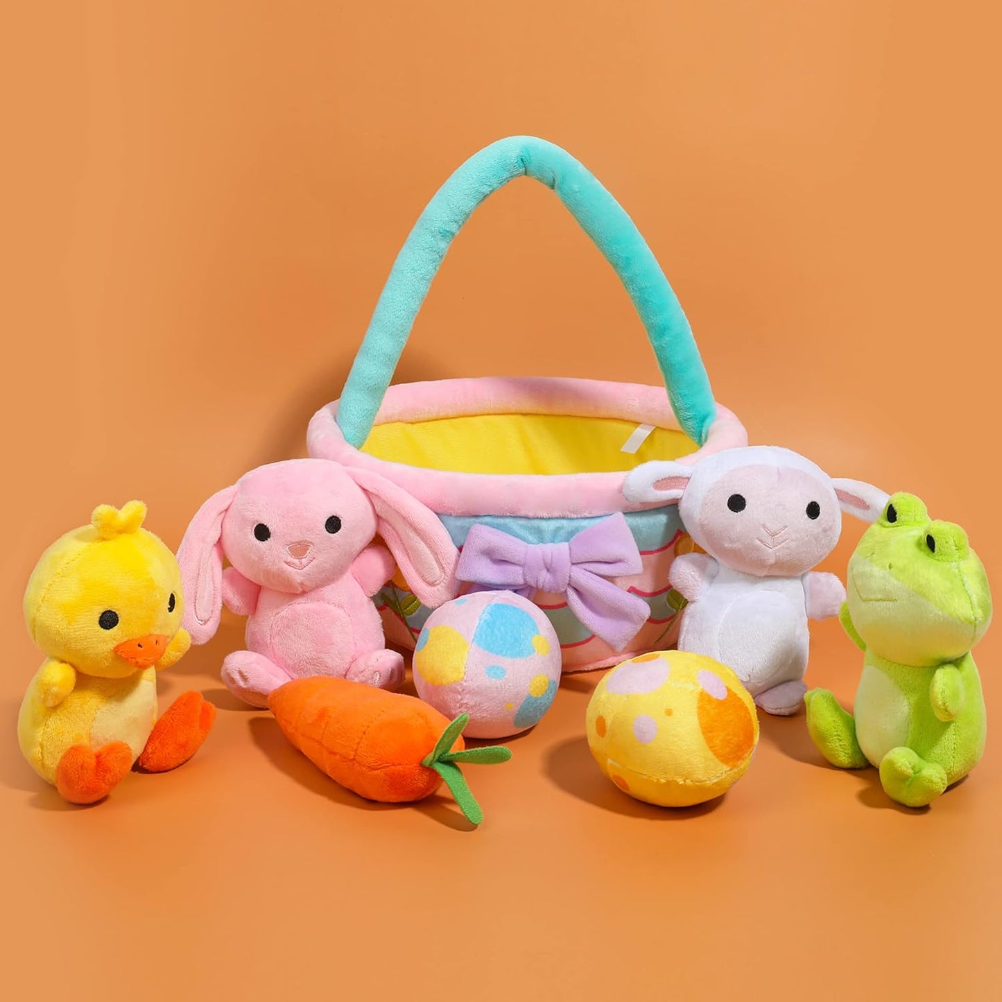Joyfy 8 Pcs Premade Easter Basket with Easter Plushes for Baby Kids Girls, Easter Basket Stuffers Plushies Playset, Easter Gifts Set, Easter Toys Easter Party Favors, Easter Decor