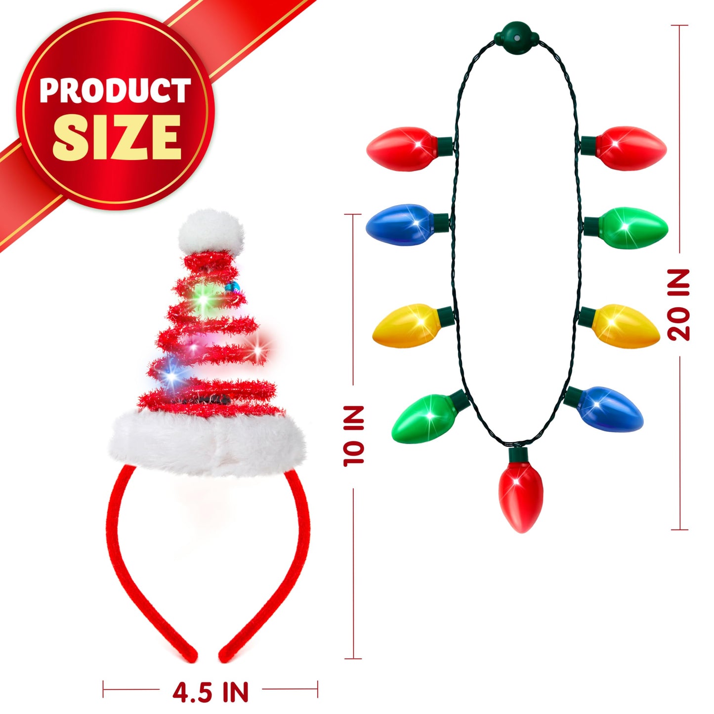 Joyfy 2 Pcs Christmas Lighted Necklace and Santa Hat Headband, Christmas LED Necklace with 9 Bulbs and Xmas Headwear for Christmas and Holiday Parties Xmas Costume Accessories