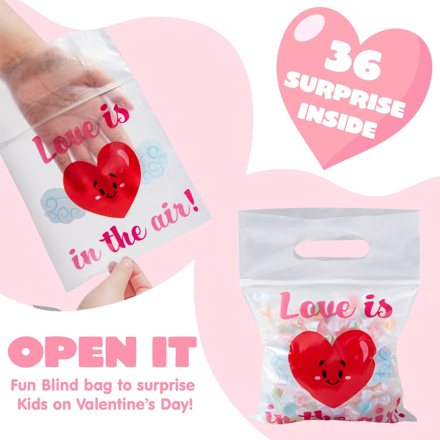 36 Pcs Valentine's Day Cellophane Gift Bag, Candy Bag with 6 Valentine’s Themed Designs for Kids Party Favor, Classroom Exchange Prizes,Valentine’s Goody Bag