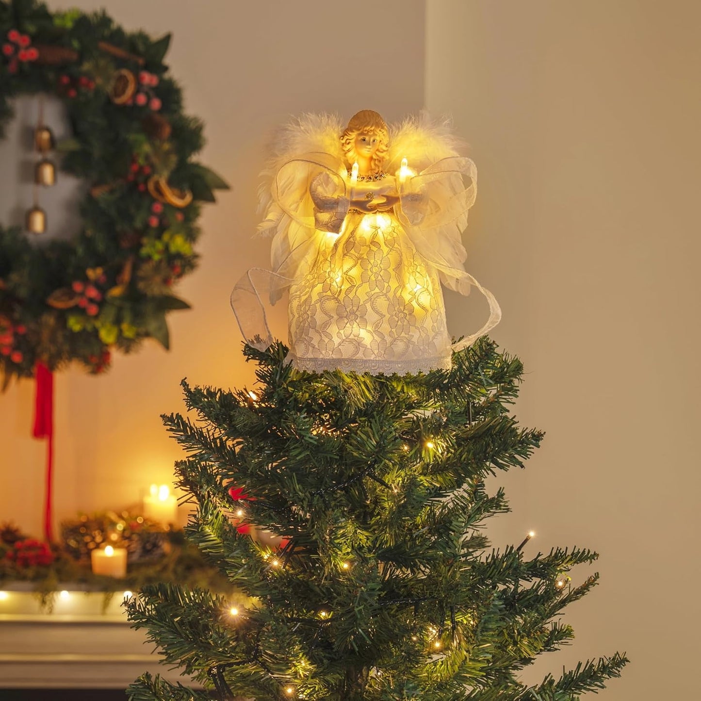 Joyfy 10" Light Up Christmas Tree Topper ¨C Battery Operated White Angel Treetop, Lightweight Illuminated Ornament for Xmas New Year, Family, Indoor Home & Holiday Party Decorations