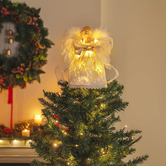 Joyfy 10" Light Up Christmas Tree Topper ¨C Battery Operated White Angel Treetop, Lightweight Illuminated Ornament for Xmas New Year, Family, Indoor Home & Holiday Party Decorations