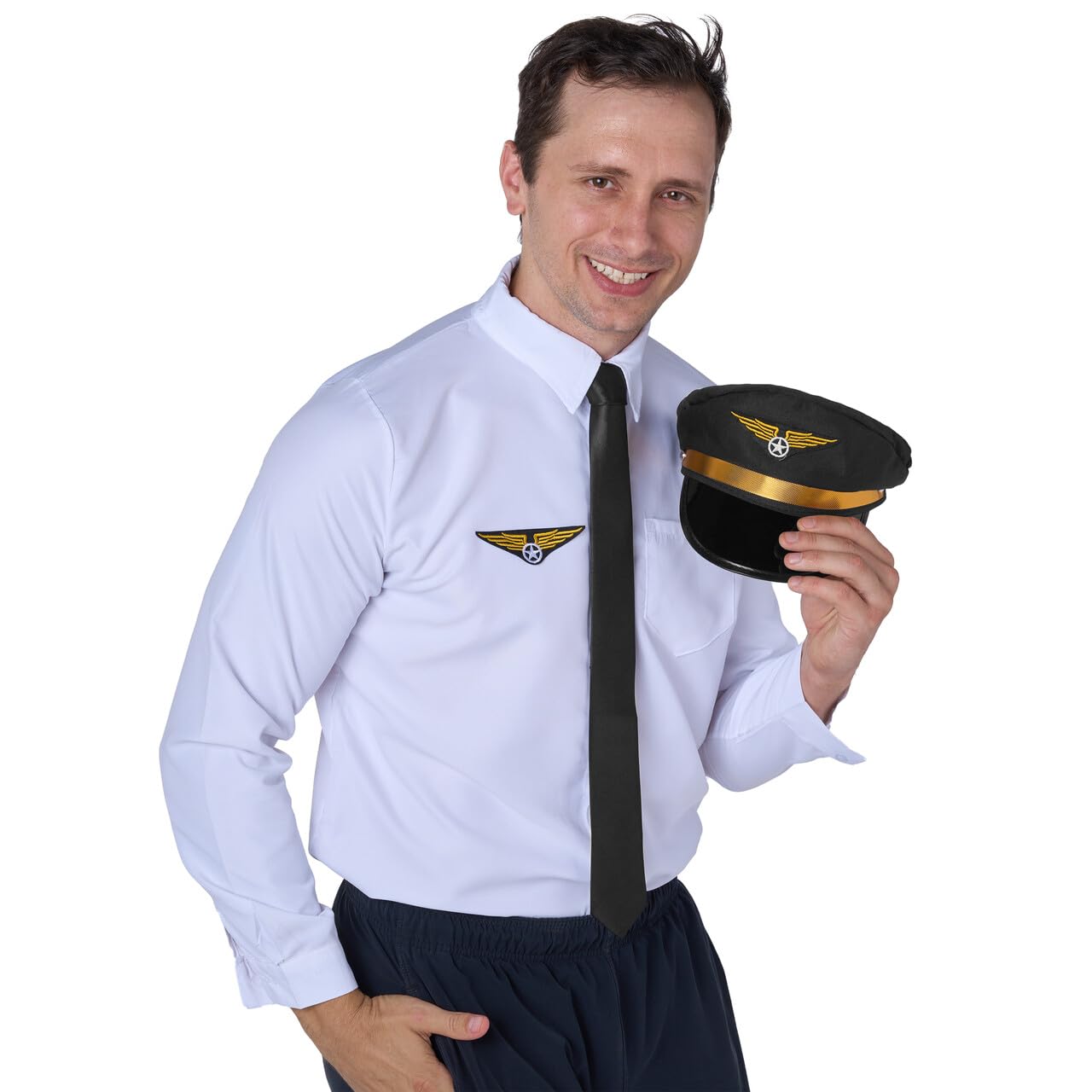 Joyfy 5 Pcs Halloween Pilot Captain Costume Accessories Set with Aviator Sunglasses,Tie,Pilot Hat,Wings Patch and Necklace,Cosplay Accessories for Kids and Adults Dress Up