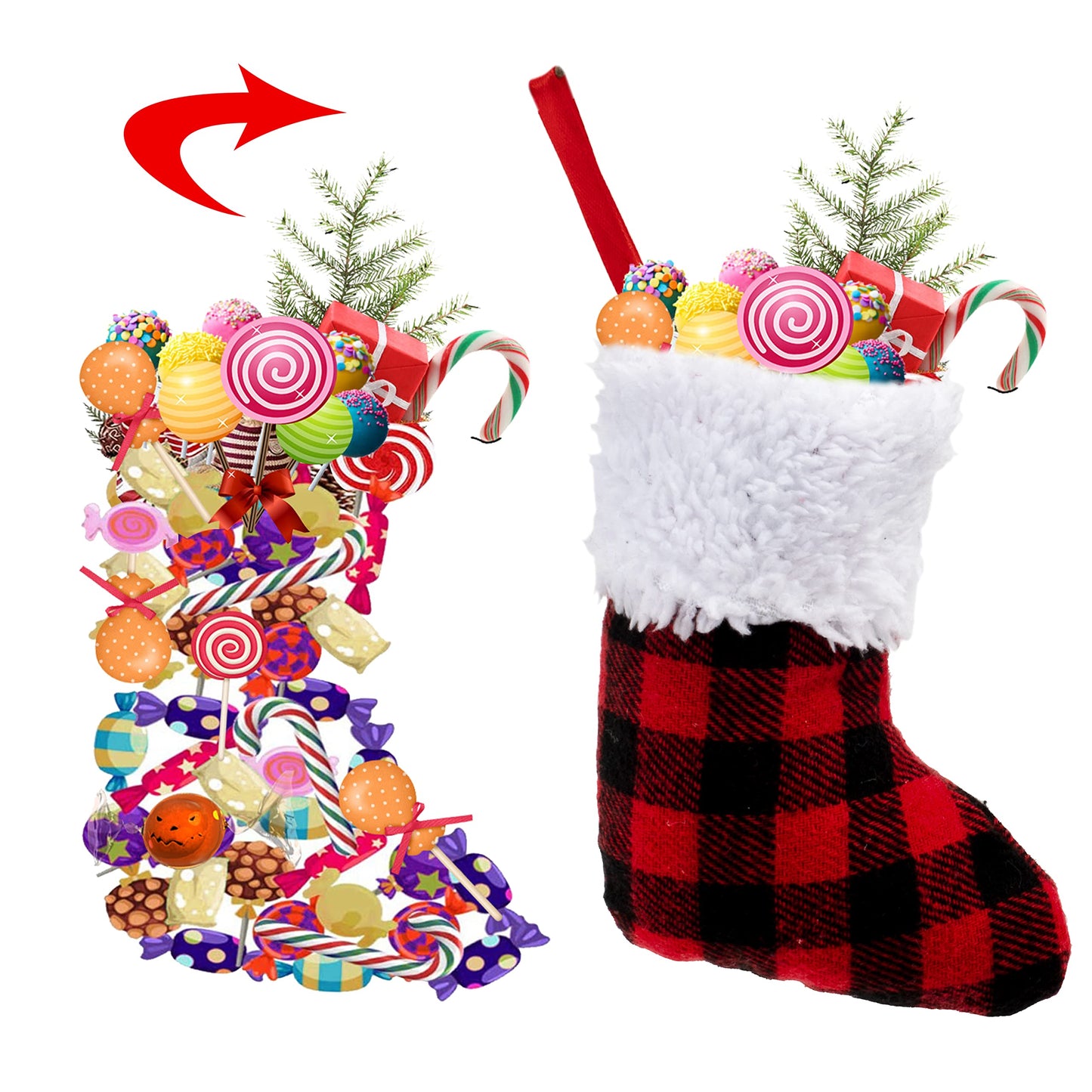 Joyfy 12 Pcs 5” Mini Christmas Stocking, Red Black Buffalo Plaid Stocking Rustic Fireplace Socks Traditional Stockings for Holiday Christmas Tree Decorations Party Favors