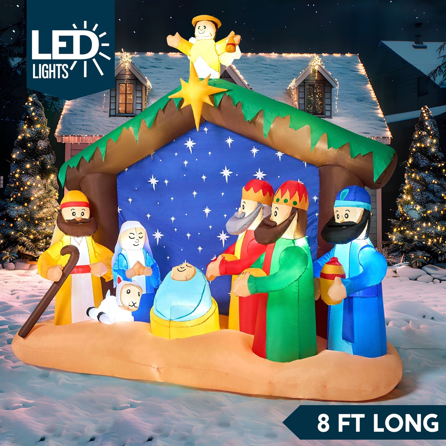 Joyfy 8 ft Christmas Inflatables Nativity Scene Outdoor Decorations,Christmas Nativity Set Blow Ups Yard with Built-in LEDs for Holiday Party Garden Lawn Decor