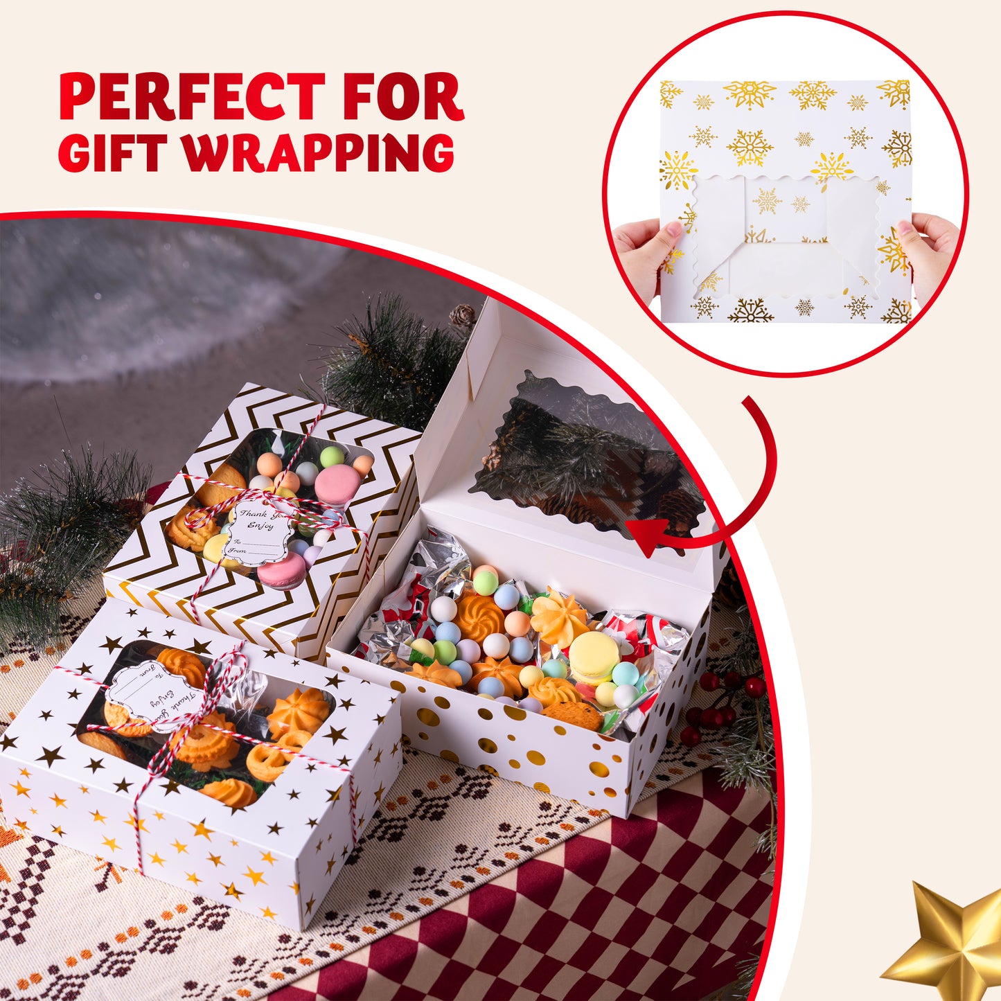 Joyfy 24 Pcs Christmas Cookie Boxes, Gold Foil Treat Boxes with Windows 9" x 6.2" x 3" Bakery Gift Wrapping Box for Xmas Holiday Party Favor Pastries, Cupcakes, Cookies, Donuts Gift-Giving