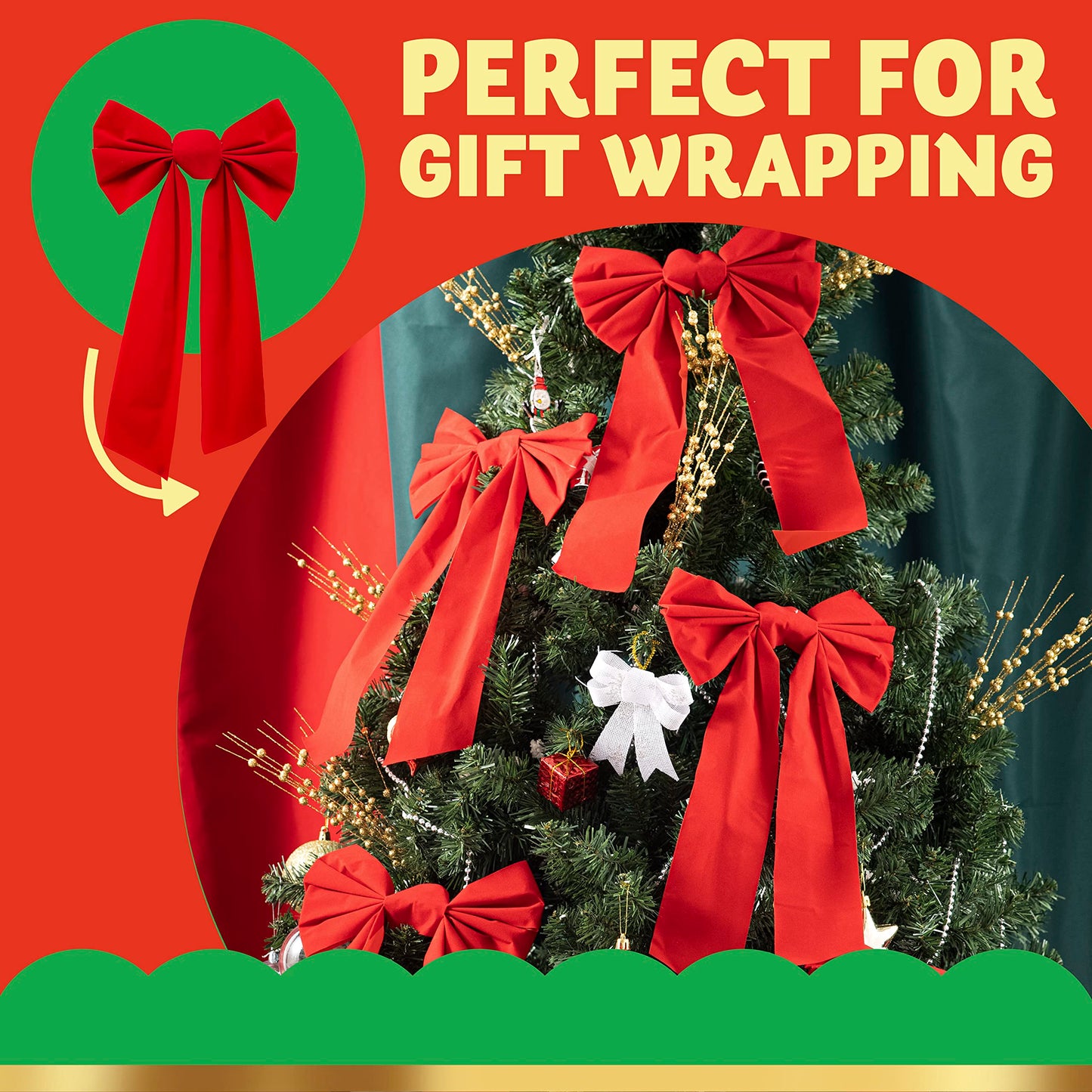 Joyfy 12 Pcs 16"x 9" Red Velvet Bows for Christmas Tree, Wreath, Garland Decor, Indoor Outdoor Holiday Decorations