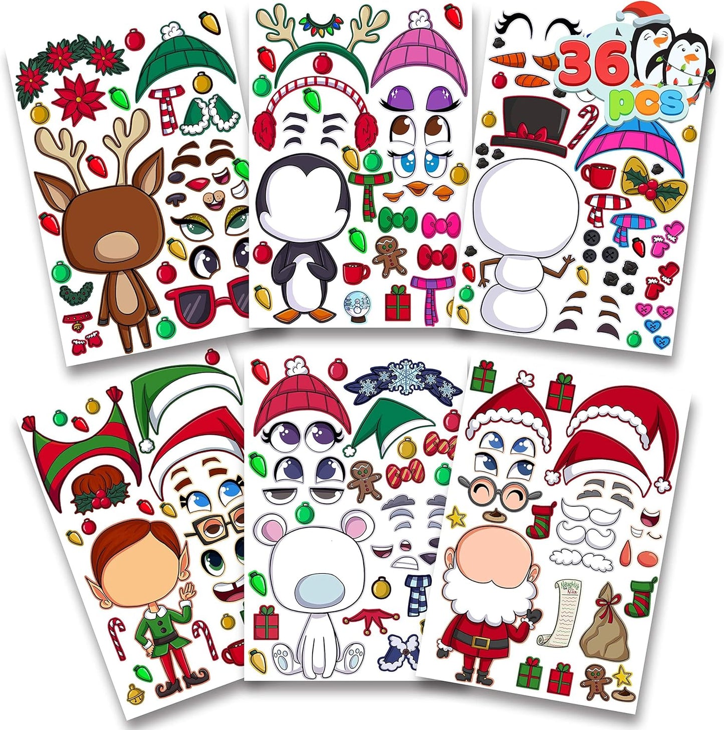 SYNCFUN 36 Pcs Christmas Make-a-face Sticker Sheets for Kids, Make Your Own Christmas Characters Mix and Match Sticker Sheets for Kids Party Favors Christmas Craft Kits