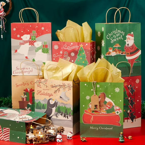 Joyfy 24 Pcs Christmas Kraft Gift Bags with Handles, 8 Assorted Christmas Designs Goodie Bags for Classrooms, Party Favors, Small Gift Bags, Kraft Bags and Christmas Craft Bags