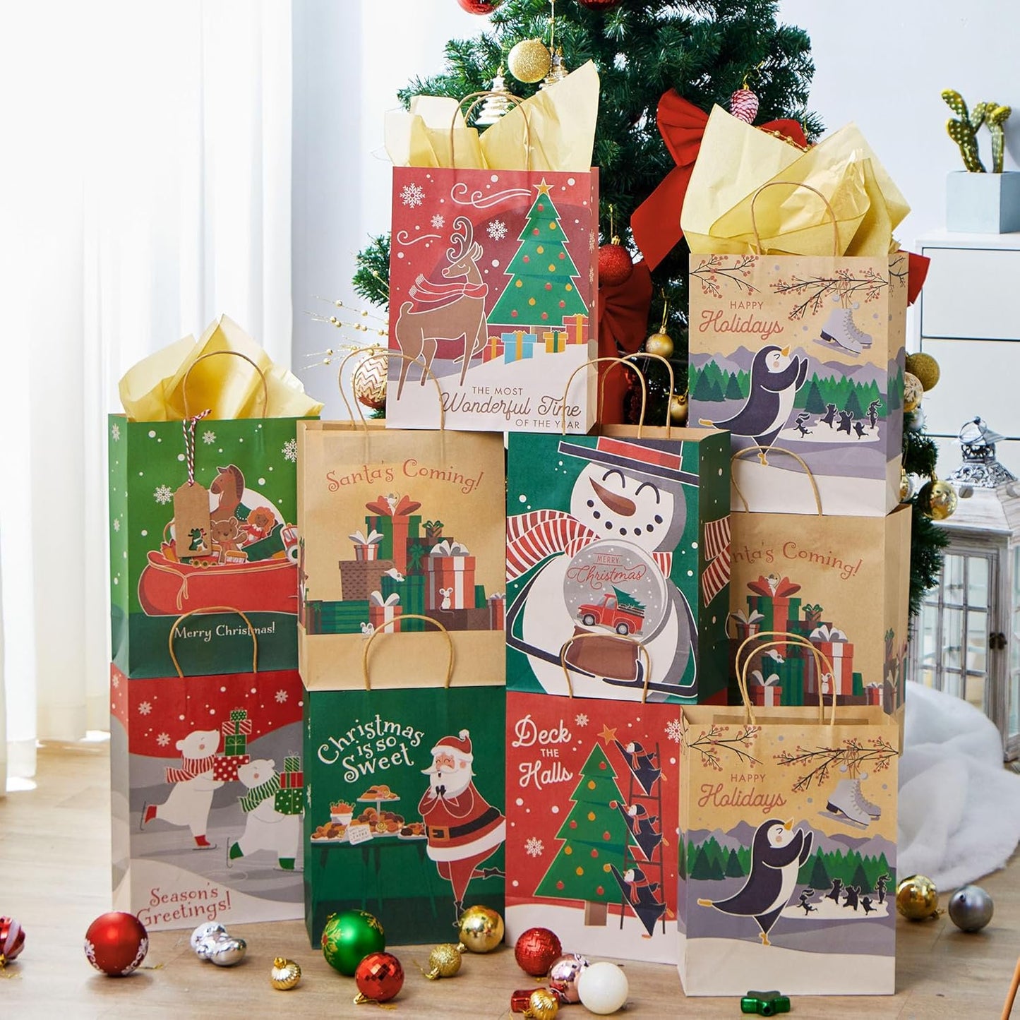 Joyfy 24 Pcs Christmas Kraft Gift Bags with Handles, 8 Assorted Christmas Designs Goodie Bags for Classrooms, Party Favors, Small Gift Bags, Kraft Bags and Christmas Craft Bags