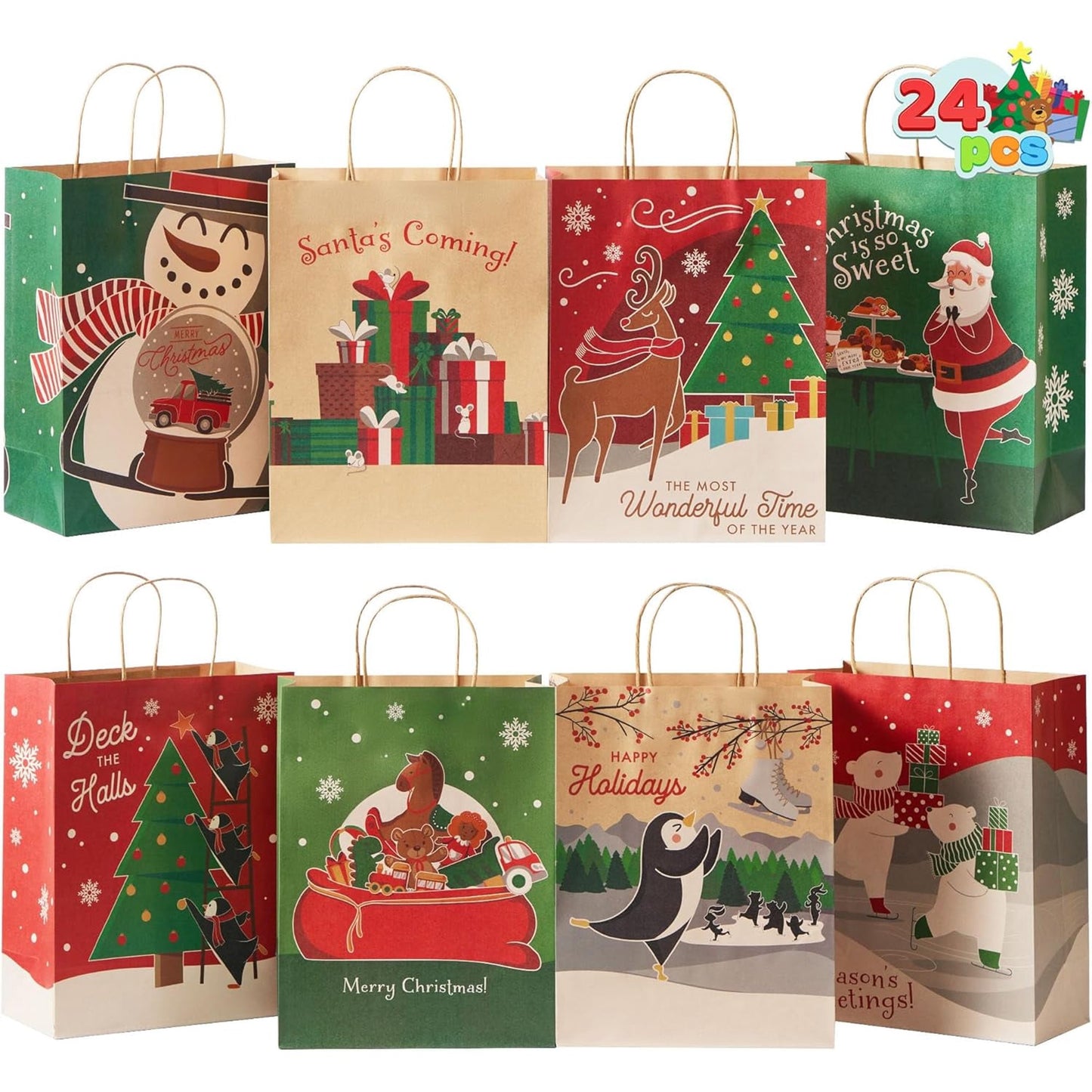 Joyfy 24 Pcs Christmas Kraft Gift Bags with Handles, 8 Assorted Christmas Designs Goodie Bags for Classrooms, Party Favors, Small Gift Bags, Kraft Bags and Christmas Craft Bags