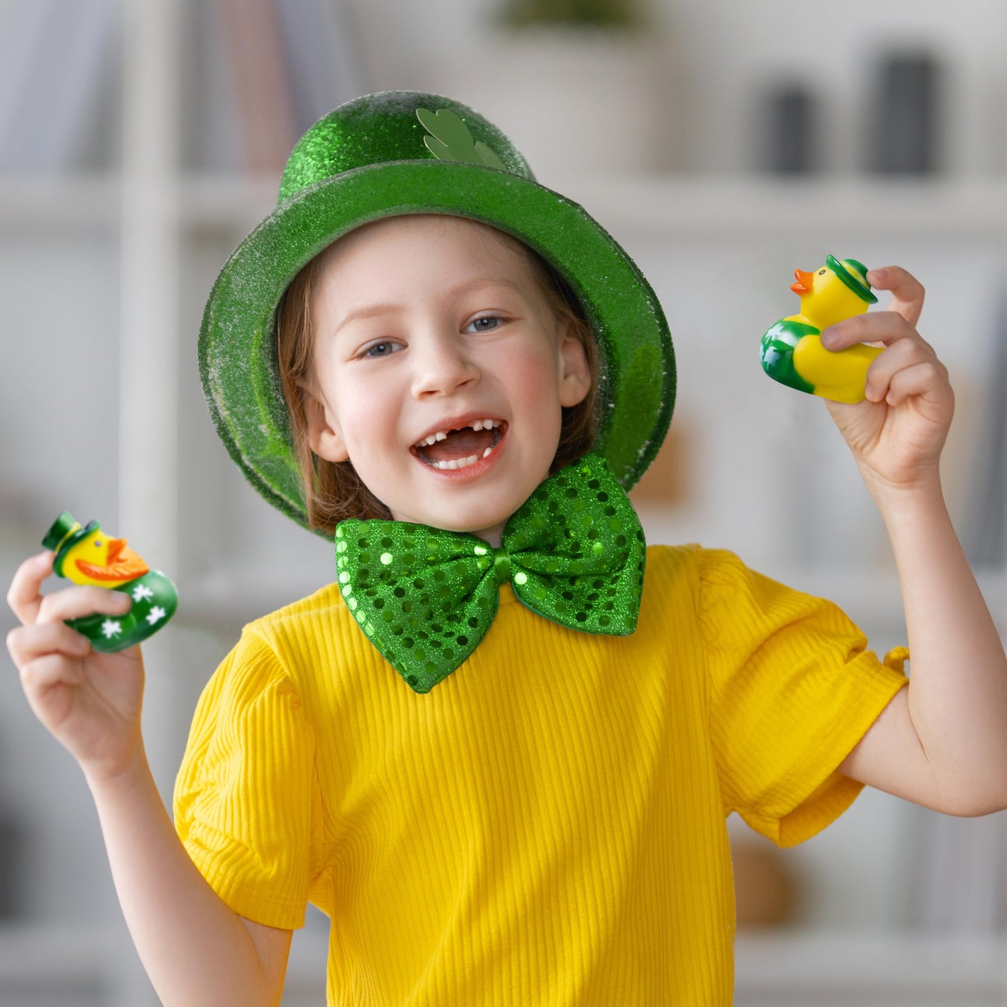 24 St. Patrick's rubber ducks, lucky ducks with St. Patrick's Day green rubber duck hats and clover patterns