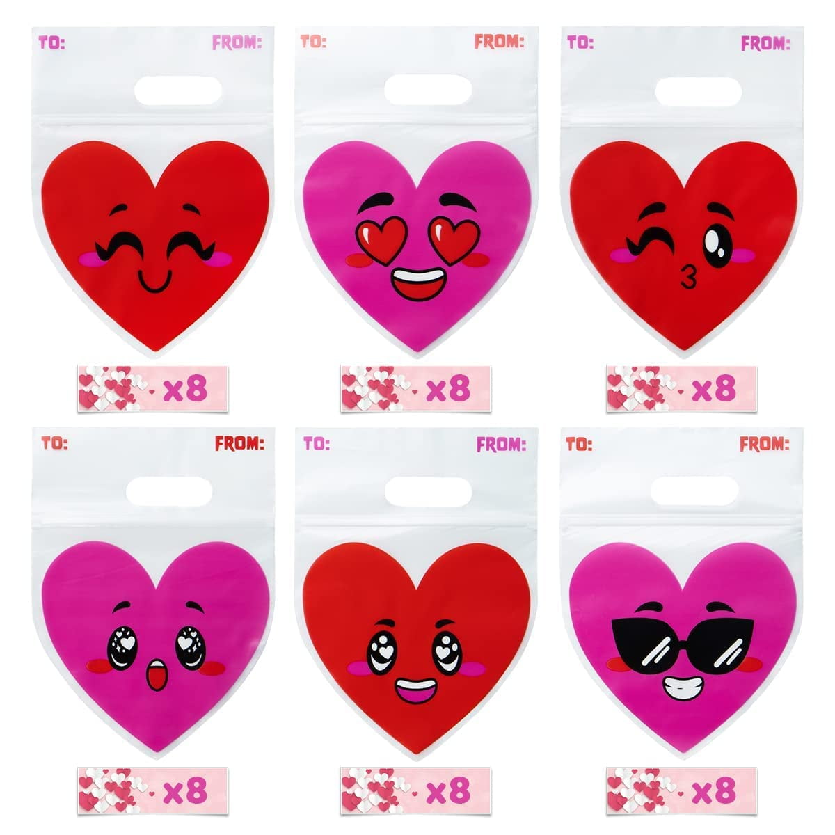 48 Pcs Valentine’s Day Cellophane Gift Bag, Candy Treat Bags with Red Pink Heart Designs for Kids Party Favor Supplies, Classroom Gift Exchange Prizes, Valentine’s Goodie Bags