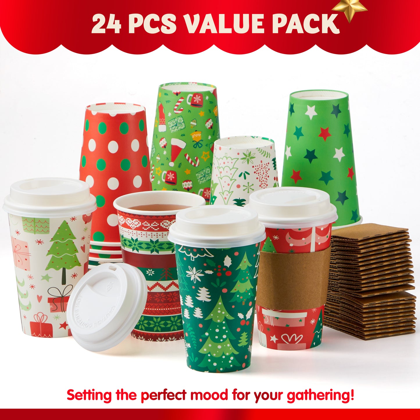 Joyfy 24 Pcs Christmas Disposable Paper Cups, 16 oz Xmas Dinnerware Cups With Cup Sleeves and Lids, 8 Designs Hot/Cold Beverages Tableware for Holiday Party Supplies