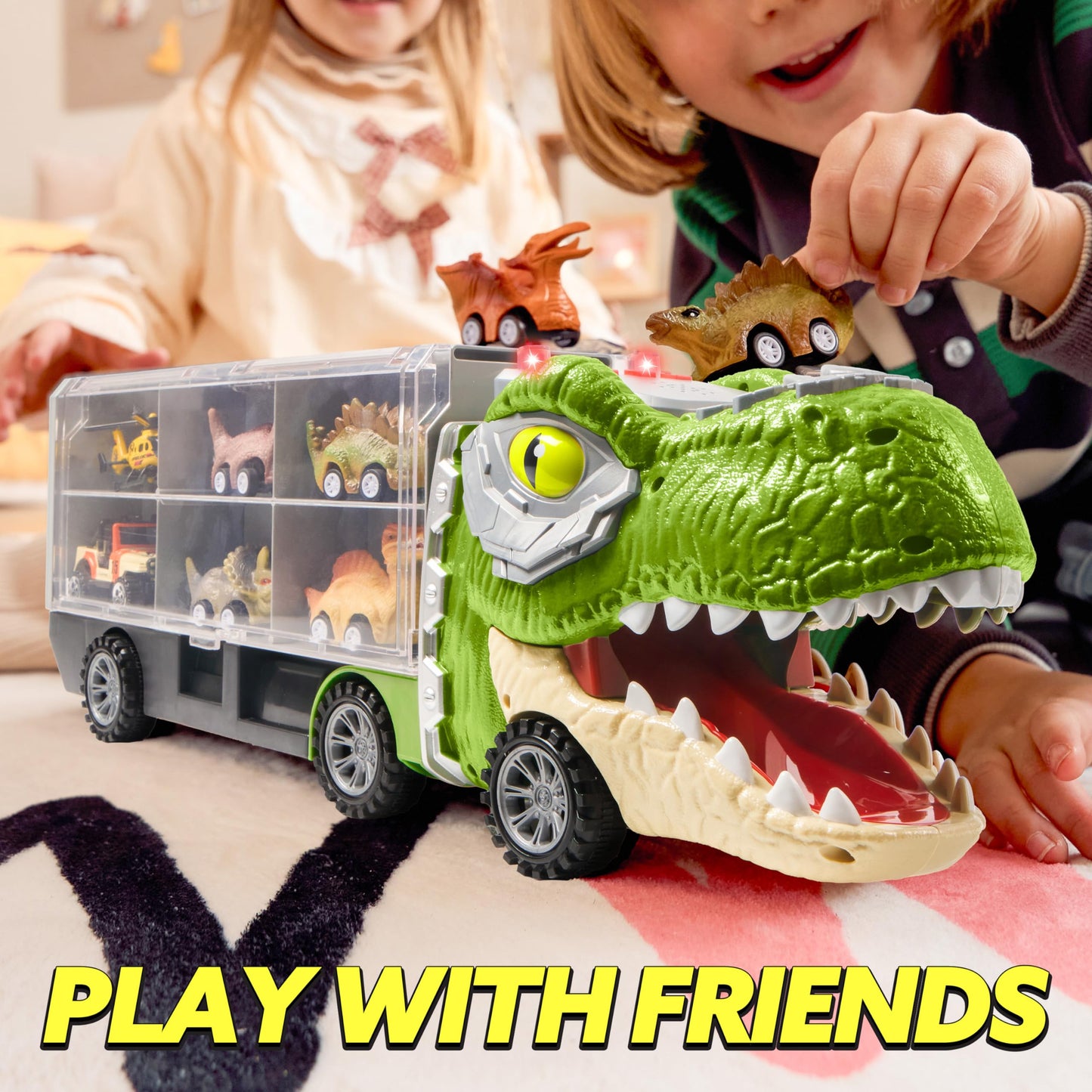 SYNCFUN 13 in 1 Dinosaur Toys, Dinosaur Truck with 12 Pull Back Cars, Dinosaur Cars Set, Birthday Gifts Toys for 3 4 5+ Year Old Boy, Transport Carrier Truck for Toddlers 2-4 Years