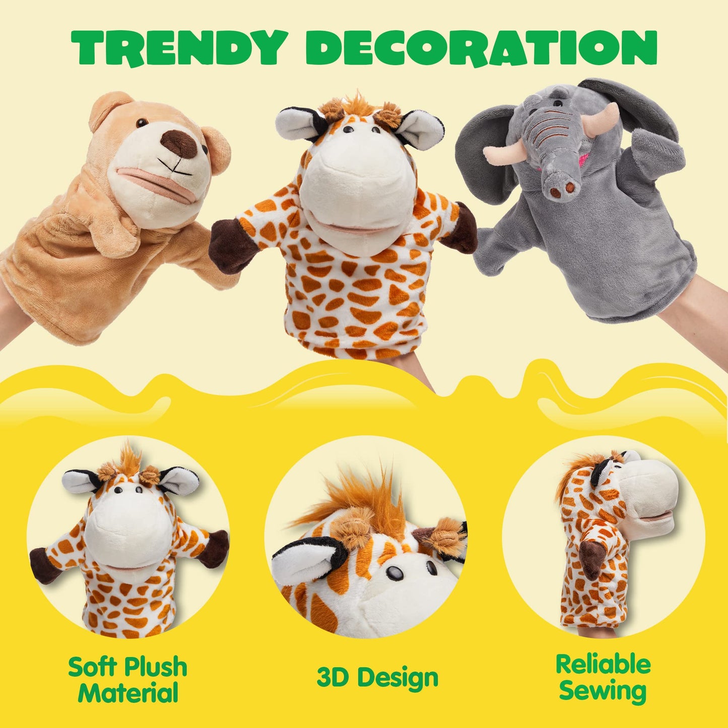 SYNCFUN 6Pcs Kids Hand Puppet with Mouth, Toddler Animal Plush Toy for Show Theater, Birthday Gifts, Easter Basket Stuffers