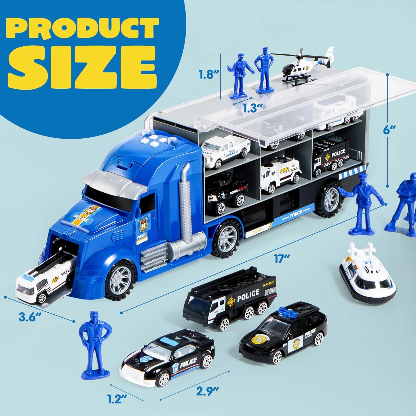Syncfun 25 in 1 Die-cast Police Rescue Truck Car Toy Set with Sounds and Lights, Mini Police Vehicles in Carrier Truck, Play Police Patrol Rescue Vehicle Toy, Birthday Gifts for Over 3 Years Old Boys