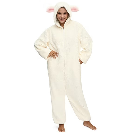 Joyfy Unisex Pajamas for Adults, White Lamb Zipper Hooded Pajamas, Lamb Hooded Onesie for Halloween Cosplay Costumes