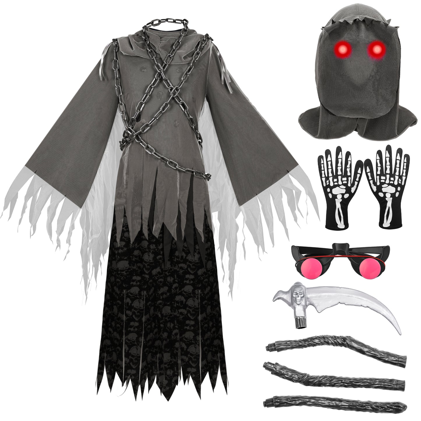 Syncfun Glowing Eyes Grim Reaper Costume for Kids, Dark Knight Reaper Phantom Costume for Halloween Dress Up Role Playing Cosplay 5-12 Years
