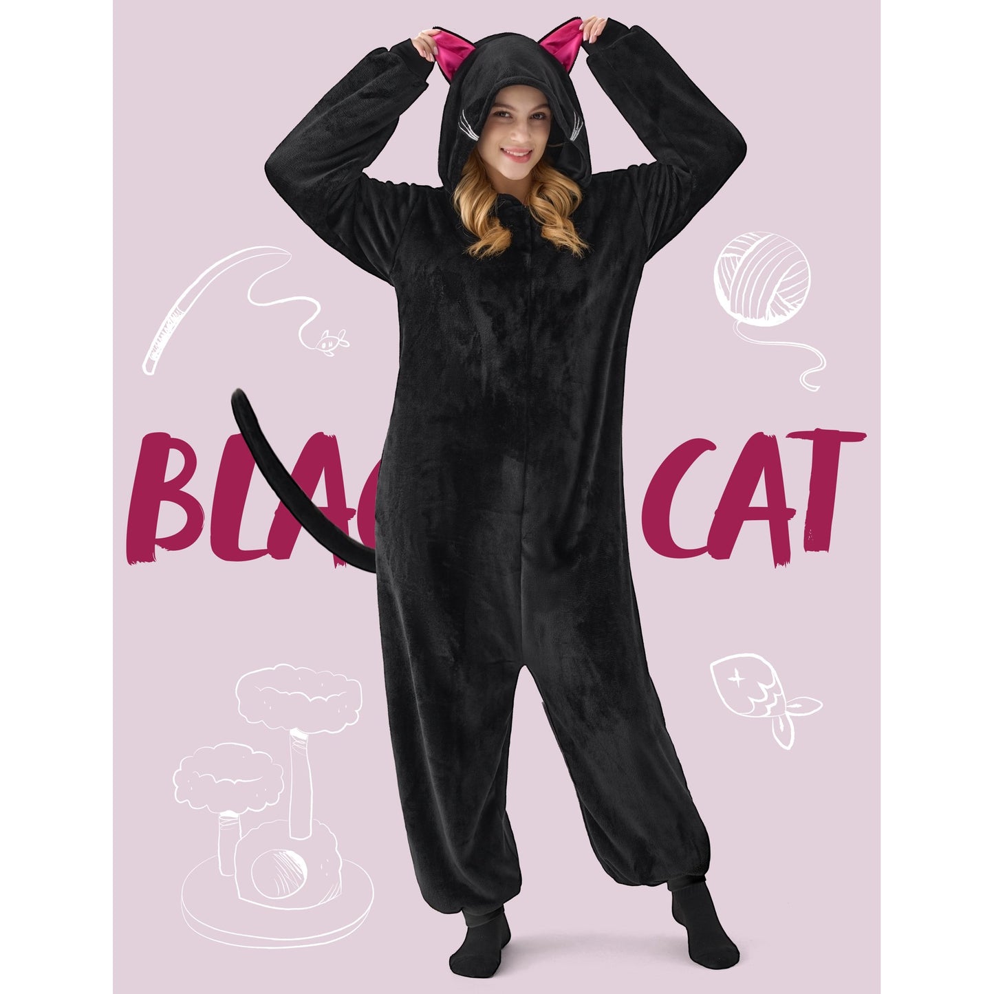 Joyfy Adult Unisex Pajamas, Black Cat Zipper Hooded Pajamas, Black Cat Hooded Jumpsuit for Halloween Cosplay Costumes