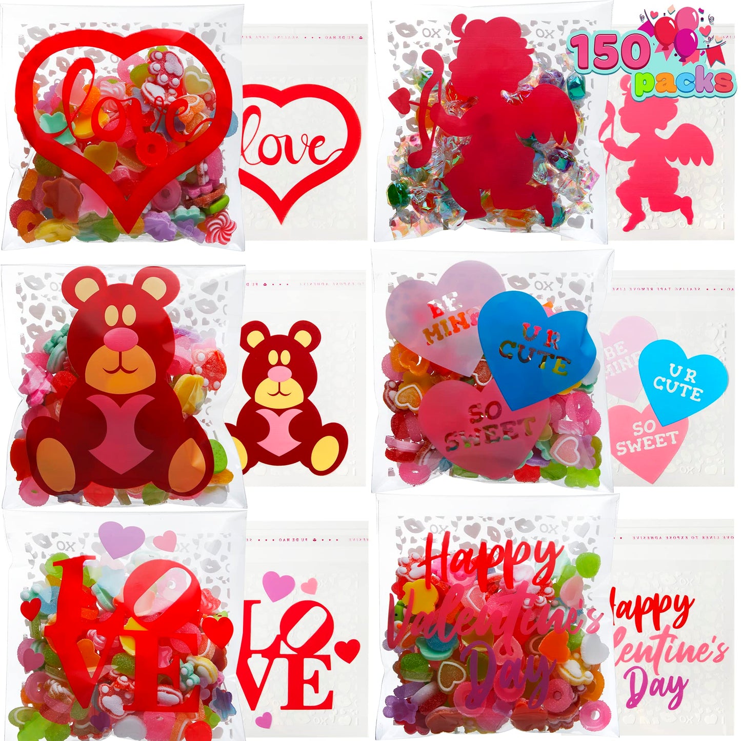 150 Pcs Valentine Cellophane Gift Bags Square Cellophane Candy Bags Valentine Goodies Bags in 6 Designs for Kids Valentine's Day Party Favor Supplies