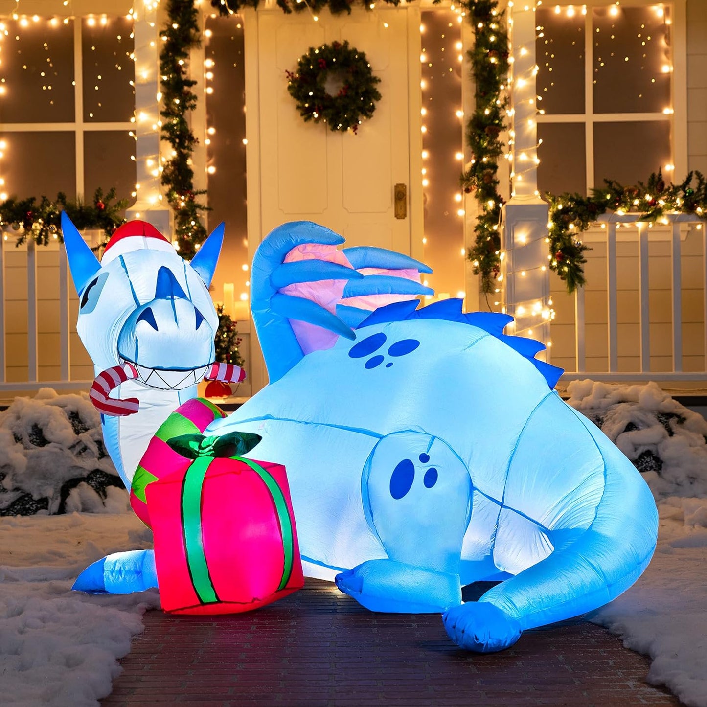Joyfy 6 ft Christmas Inflatables Dragon Outdoor Decorations,Christmas Dragon Blow Ups Yard with Built-in LEDs for Holiday Party Garden Lawn Decor