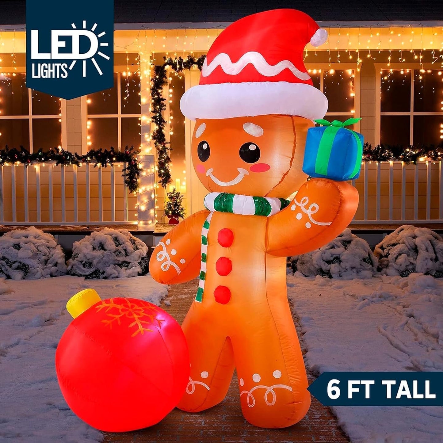 Joyfy 6 ft Christmas Inflatables Gingerbread Outdoor Decorations,Gingerbread with Ornament Blow Ups with Built-in LEDs for Holiday Party Garden Lawn Yard Decor