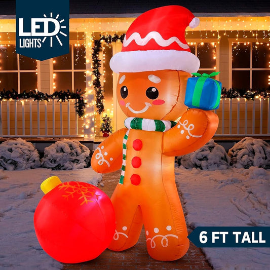 Joyfy 6 ft Christmas Inflatables Gingerbread Outdoor Decorations,Gingerbread with Ornament Blow Ups with Built-in LEDs for Holiday Party Garden Lawn Yard Decor