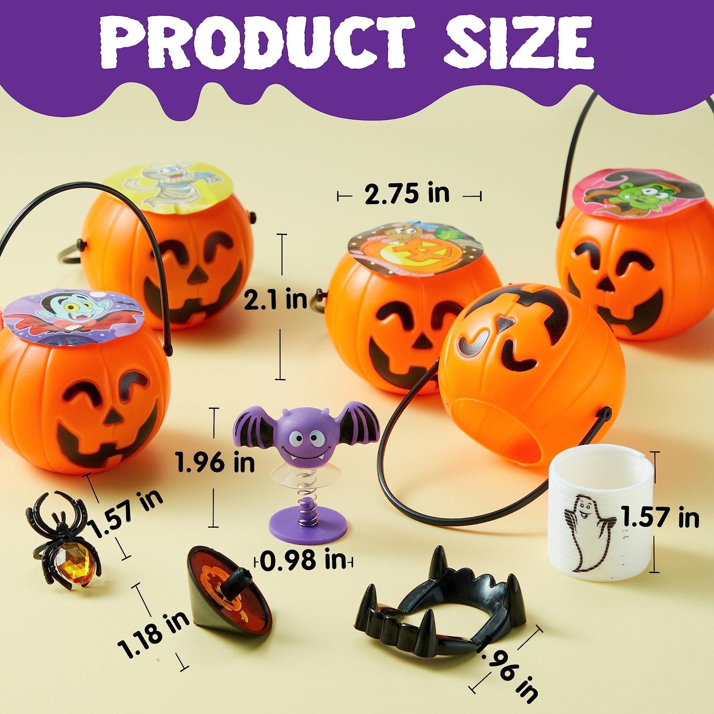 Joyfy 144 Pcs Halloween Toys Party Favors for Kids,Halloween Goodies Including Pumpkin Buckets,Spider Rings,Poppers,Spring,Vampire Teeth and Spinning Tops