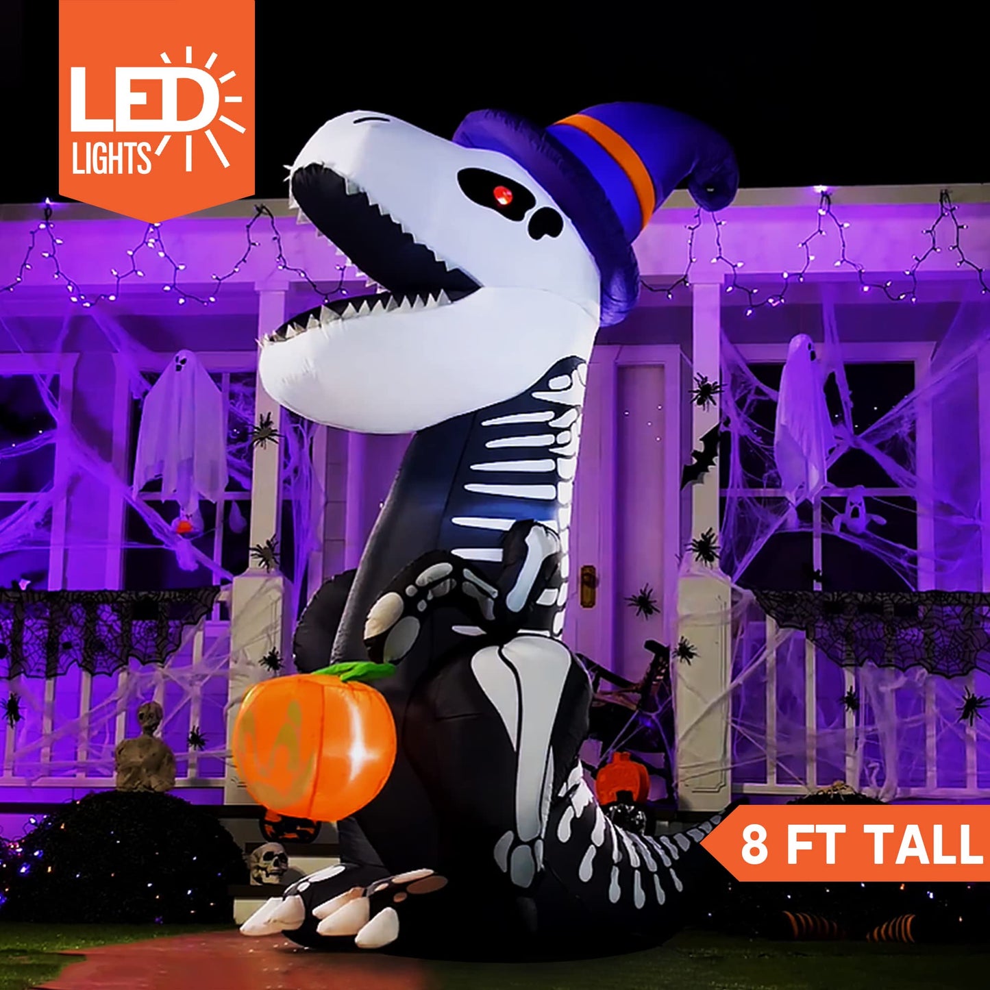 Syncfun 8 FT Halloween Inflatable Skeleton Dinosaur with Build-in LEDs Pumpkin Decorations,Halloween Outdoor Decorations Blow up Yard Decorations