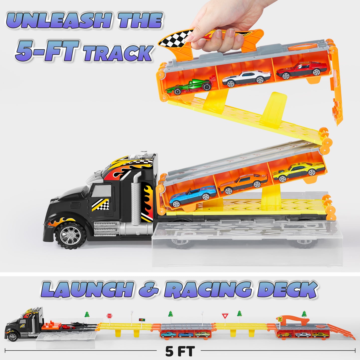 Syncfun Carrier Truck Toys for Kids, 5-FT Race Track and 12 Die-Cast Metal Toy Cars, Racing Car Toys with Lights & Sounds, Toy Truck Gift for Boys and Girls 2 3 4 5 Years Old