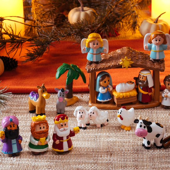 Joyfy 23 PCS Christmas Little Nativity Playset Figurine, Christmas Story Manger Scene Miniature Toys for Kids Toddlers Xmas Gift, Party Decorations Tabletop