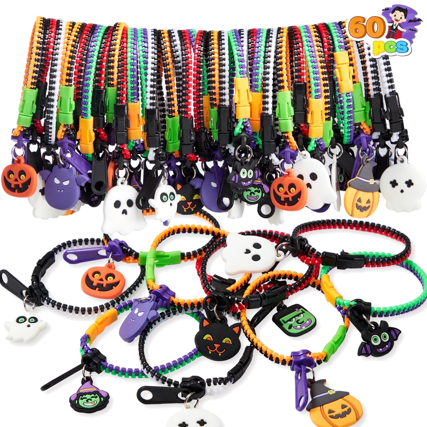 Joyfy 60 Pcs Halloween Zipper Bracelets Toys,Halloween Zipper Wristbands Toys Bulk for Party Favors,Halloween Goody Bag Fillers,Halloween Stretchy Toys for Classroom Prizes
