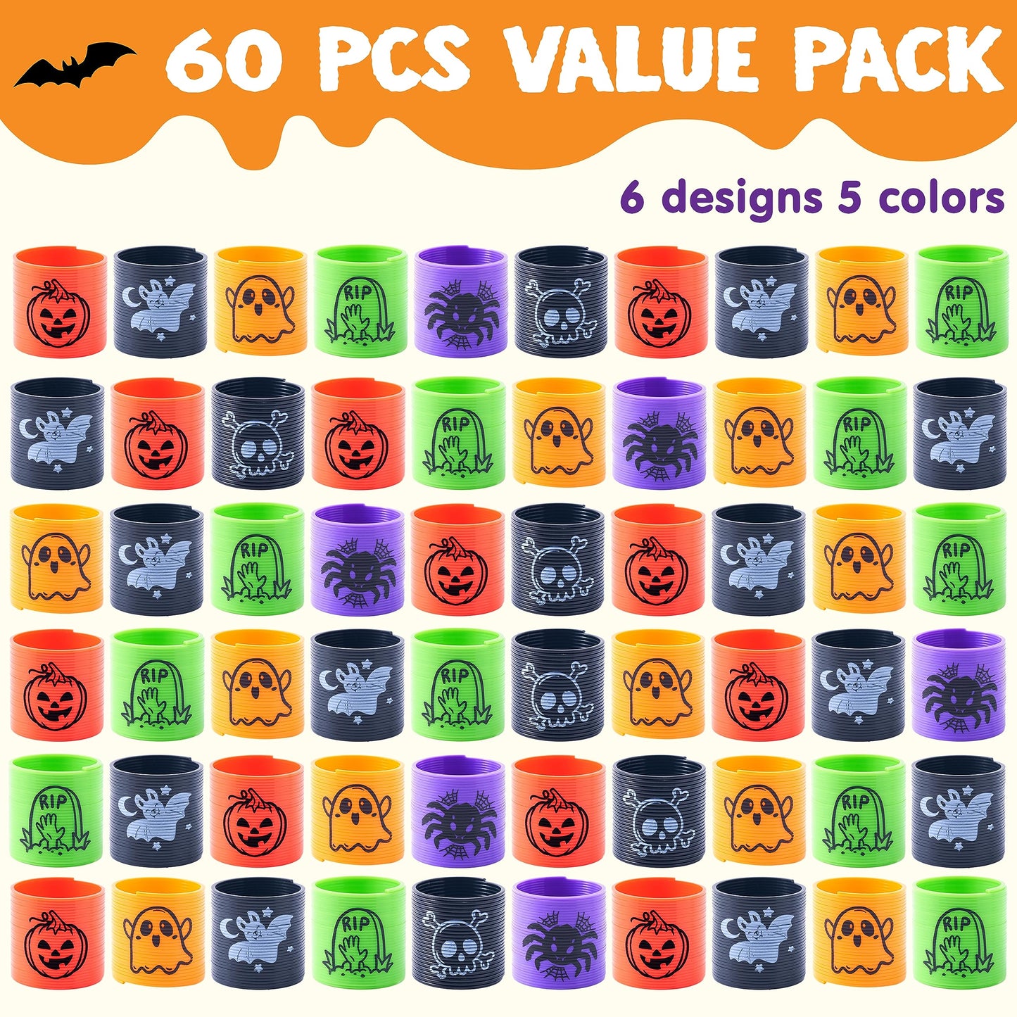 Joyfy 60 Pcs Halloween Coil Spring Toys,Halloween Mini Magic Springs Toys Bulk for Party Favors,Halloween Goody Bag Fillers,Halloween Sticky Toys for Classroom Prizes