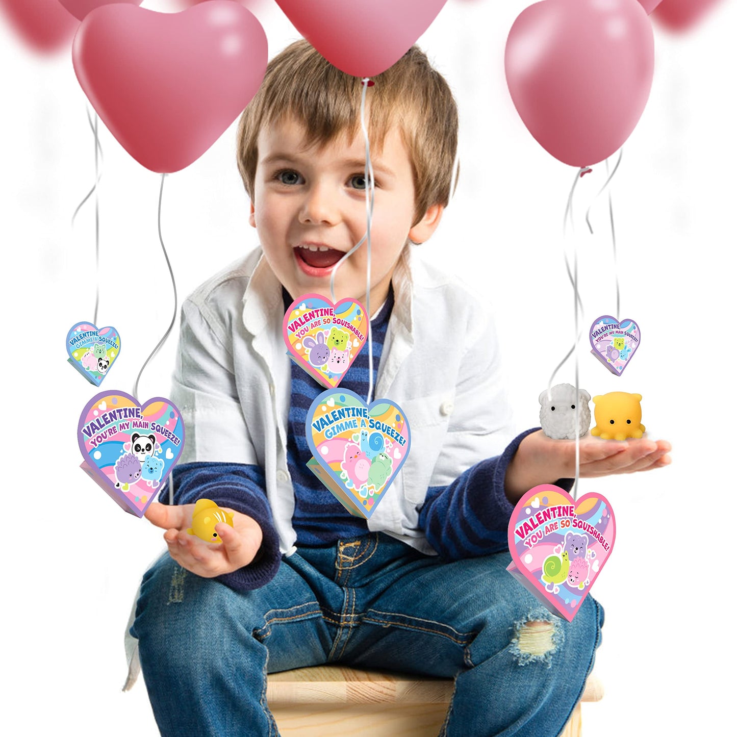 56 pcs (28 Valentines Day Cards with 28 Mochi Squishy Toys) for Kids, Fidget Mini s with Heart Boxes School Class, Valentines Day Gifts Set Exchange Prizes