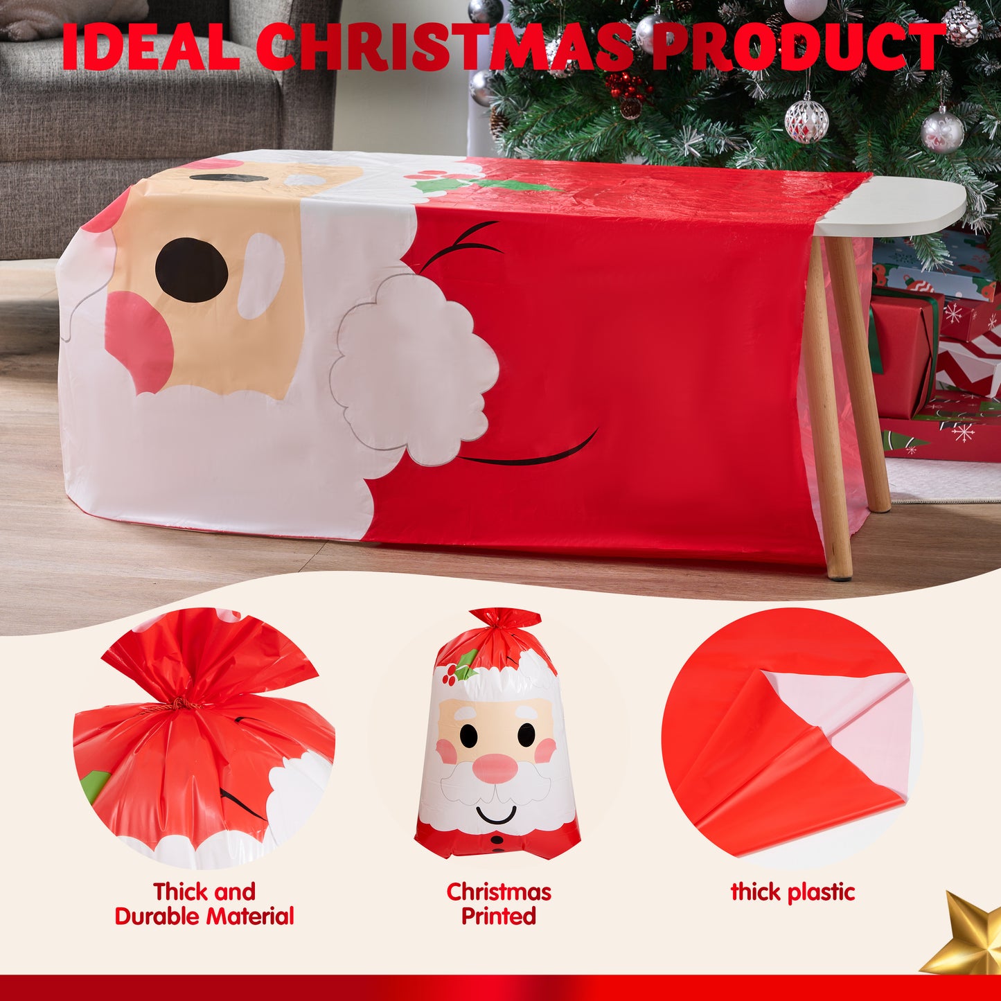 Joyfy Jumbo Christmas Santa Gift Bag Plastic Xmas Gift Wrapping Bag 56”x36” for Gift Giving, Holiday Presents, Giant Gifts Decorations, Festive Surprises
