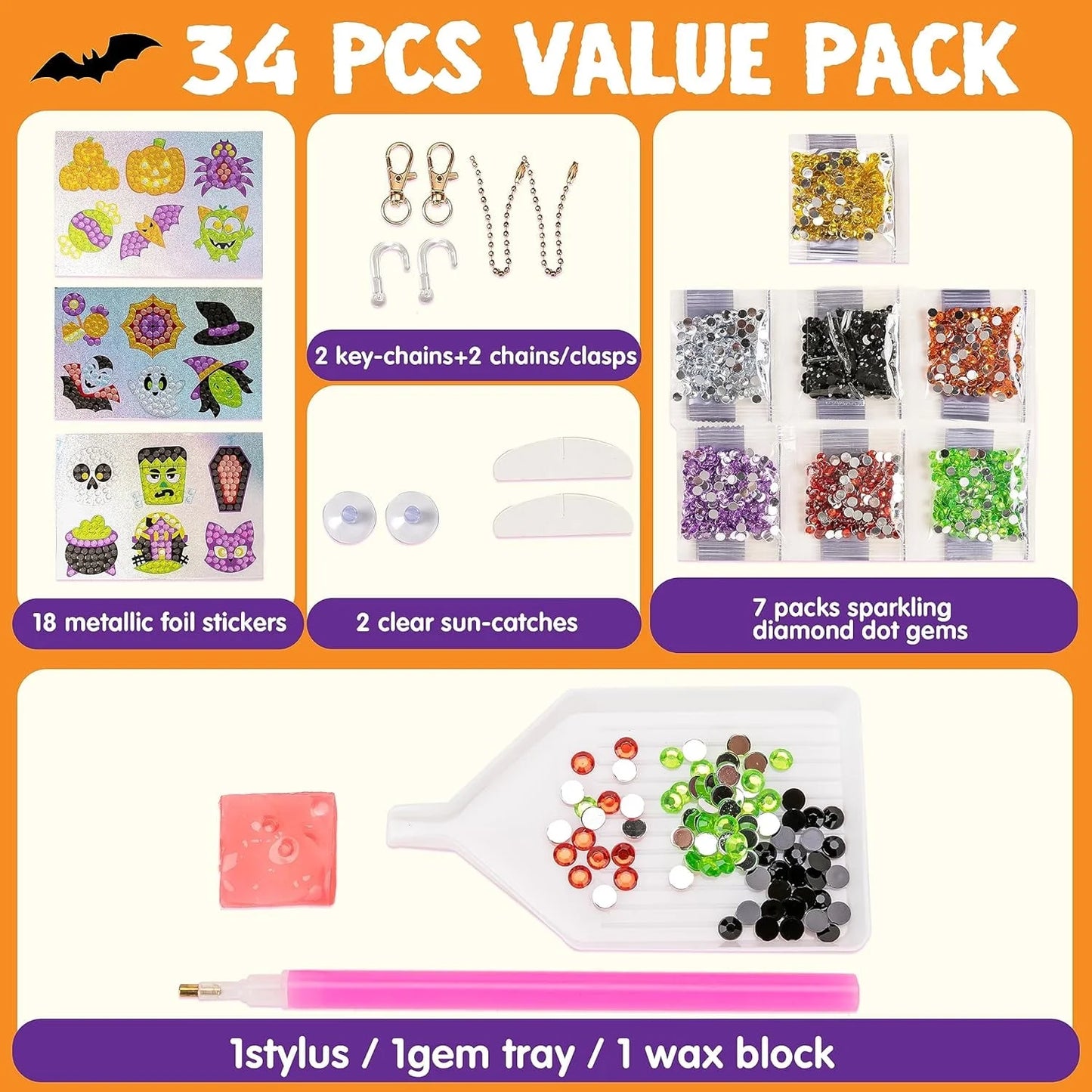 Joyfy Halloween Crafts for Kids,Gem Art Kit Diamond Painting Kit with Stickers,Suncatchers,and Keychains,Halloween Party Supplies Halloween Arts and Crafts