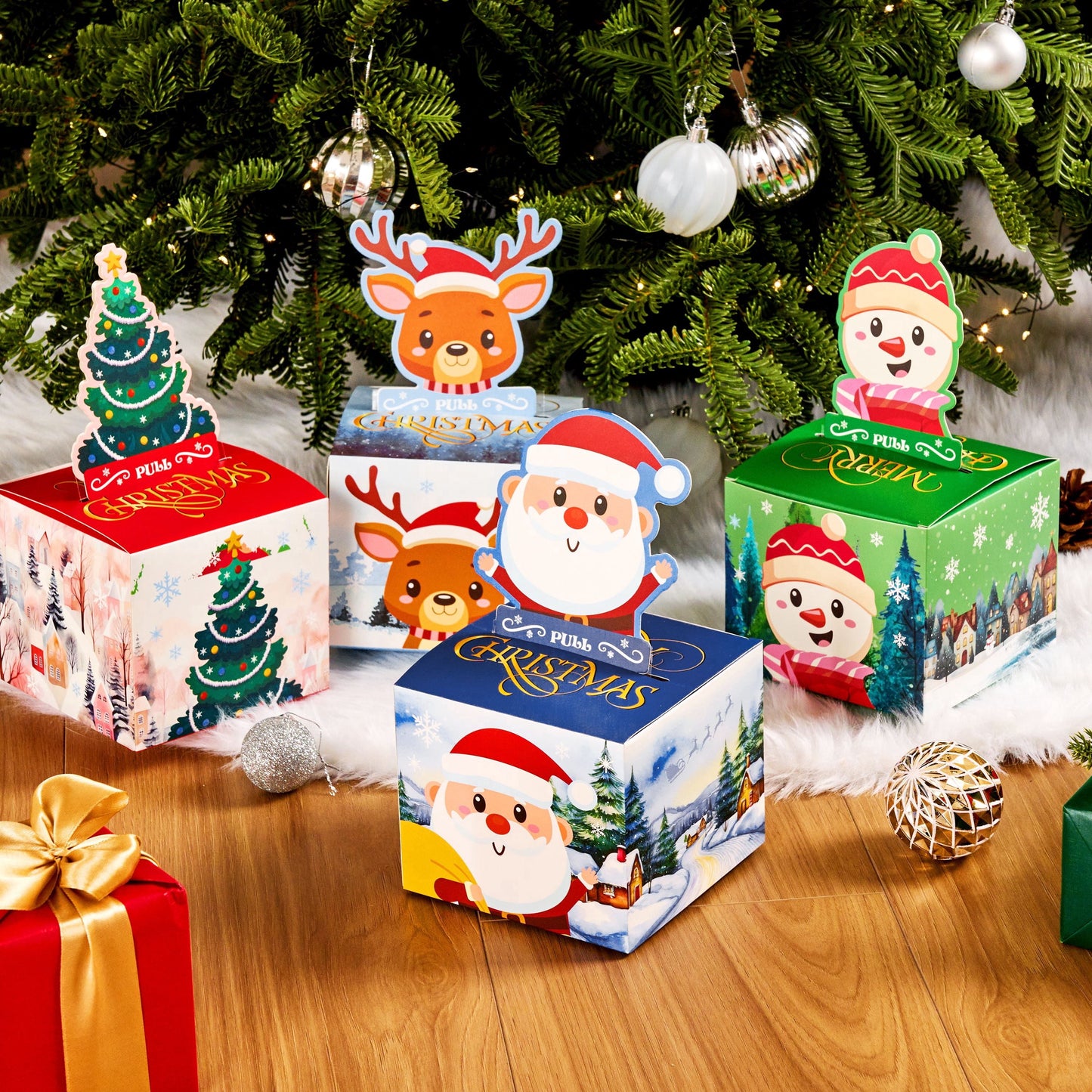 Joyfy 4 Pcs Christmas Money Box for Cash Gift Pull, Surprise Box Gift Boxes for Money, Xmas Holiday Birthday Cash Boxes with 200PCS Transparent Bags for Kids Adults Gifts Giving, Family Party Favors