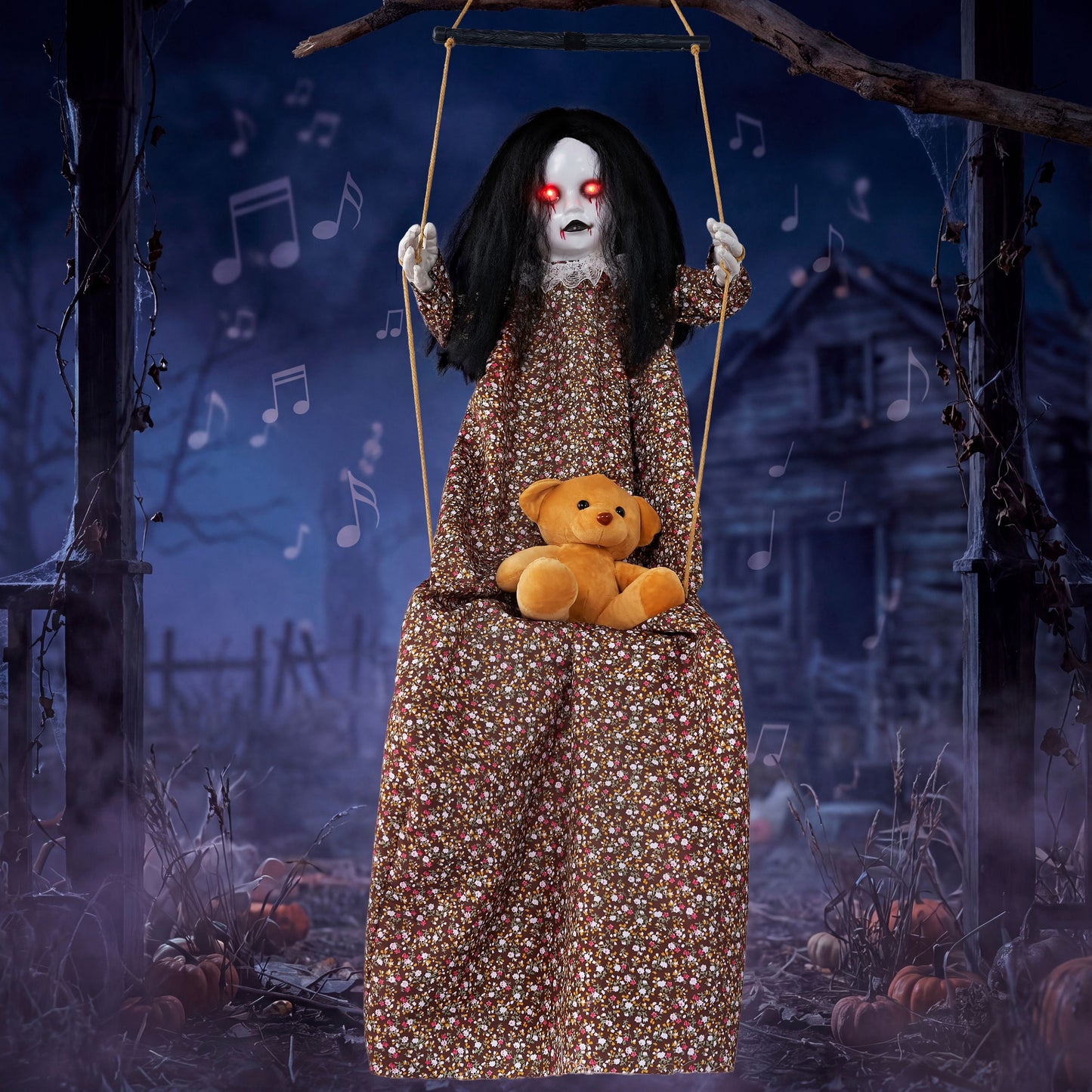 Joyfy Sound Activated Hanging Swinging Girl with Plush Bear Halloween Decor,Light Up Glowing Eyes Creepy Scary Halloween Prop,Outdoor Hanging Halloween Decorations for Yard Porch